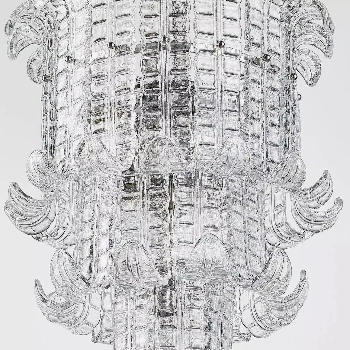 Calista Murano chandelier top-down flat view revealing symmetrical tiered layout and ornate curved glass detailing