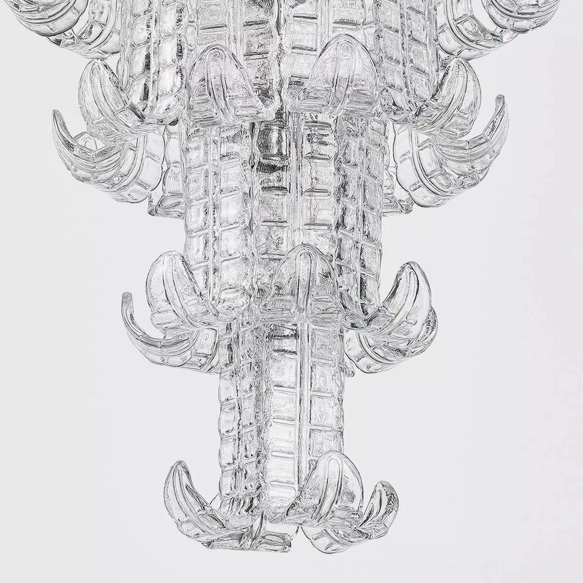 Calista Murano glass chandelier front medium shot displaying stacked glass tiers with ribbed texture and curved glass accents