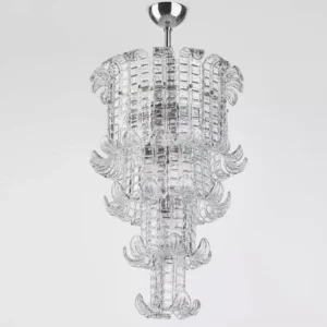 Calista Murano glass chandelier front close-up detail of multi-tier structure with claw-shaped glass accents and chrome ceiling mount