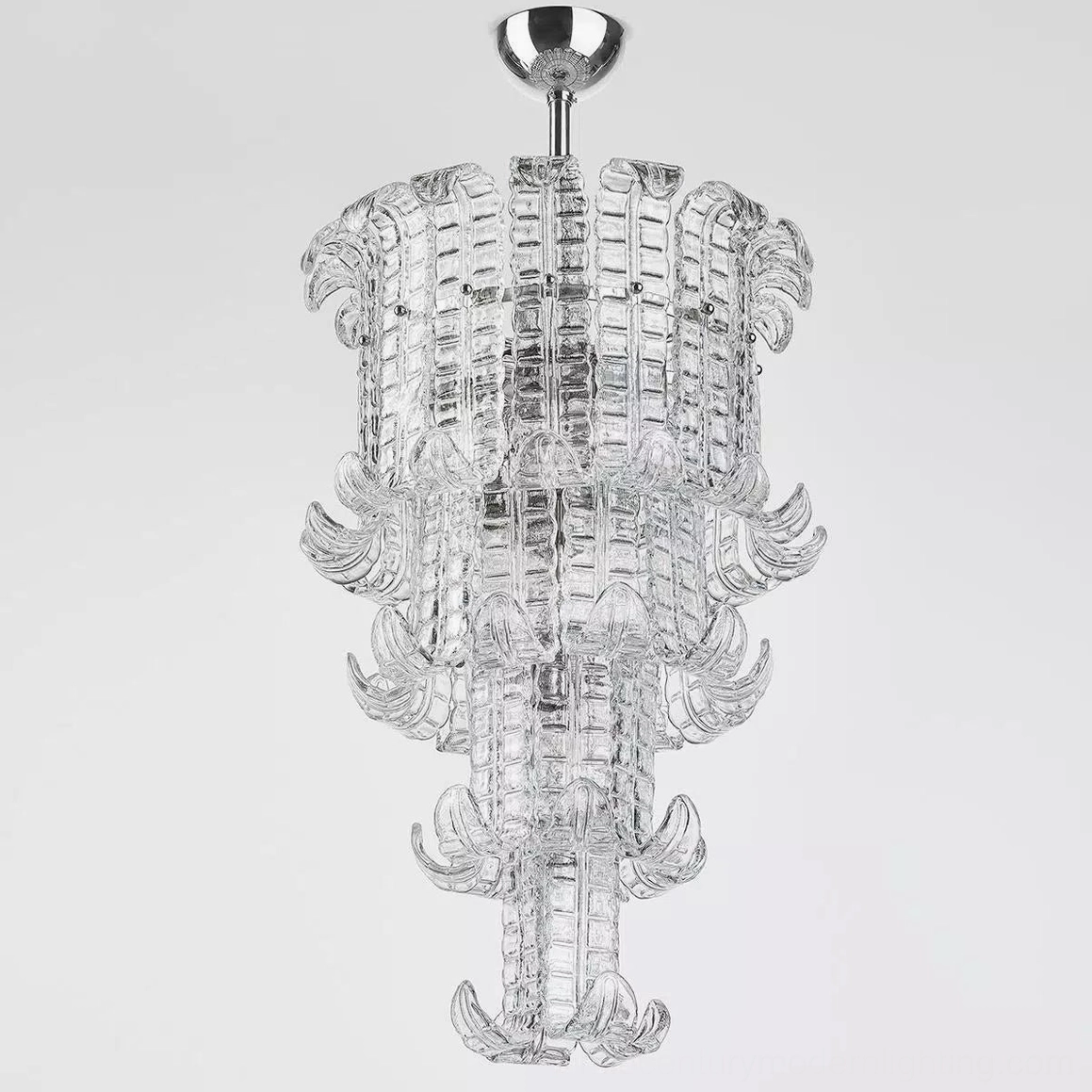 Calista Murano glass chandelier front close-up detail of multi-tier structure with claw-shaped glass accents and chrome ceiling mount
