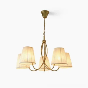 Calistoga 5-light brass chandelier with pleated beige fabric shades, front view on white background