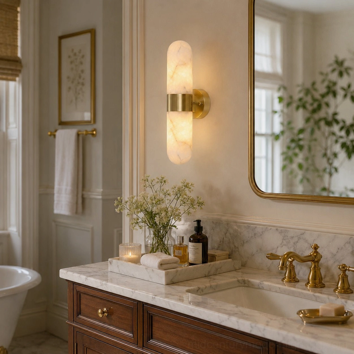 Pair of alabaster wall sconces in marble bathroom vanity area with framed mirror, luxury spa lighting