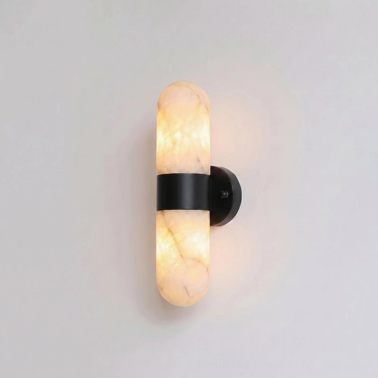 Calla alabaster wall sconce in matte black finish, compact size, modern dark metal band