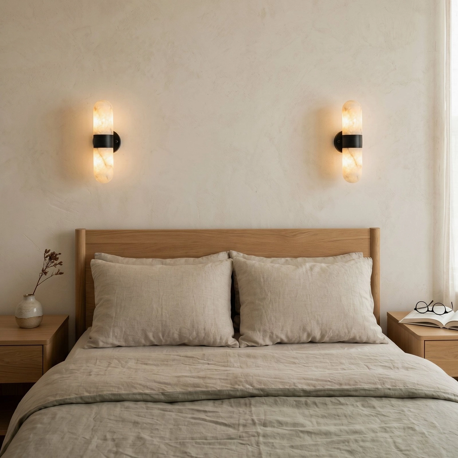 Pair of Calla alabaster wall sconces in minimalist light wood bedroom with understated elegant styling