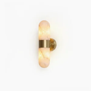 Calla alabaster wall sconce with brushed brass band, studio product photography on neutral background