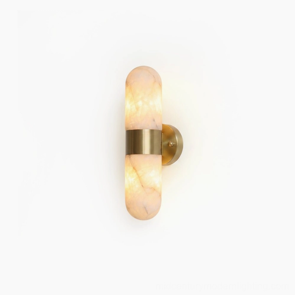 Calla alabaster wall sconce with brushed brass band, studio product photography on neutral background