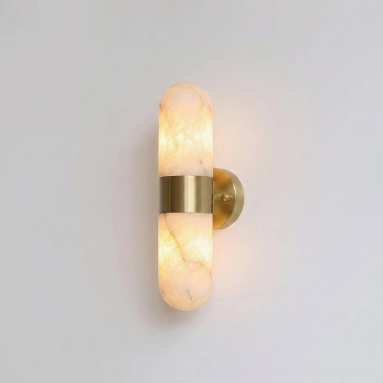 Compact size Calla alabaster wall sconce, white stone with brushed brass band, 13.8 inches height
