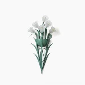 Calla lily wall sconce with matte green metal frame and frosted white acrylic diffuser, front studio view