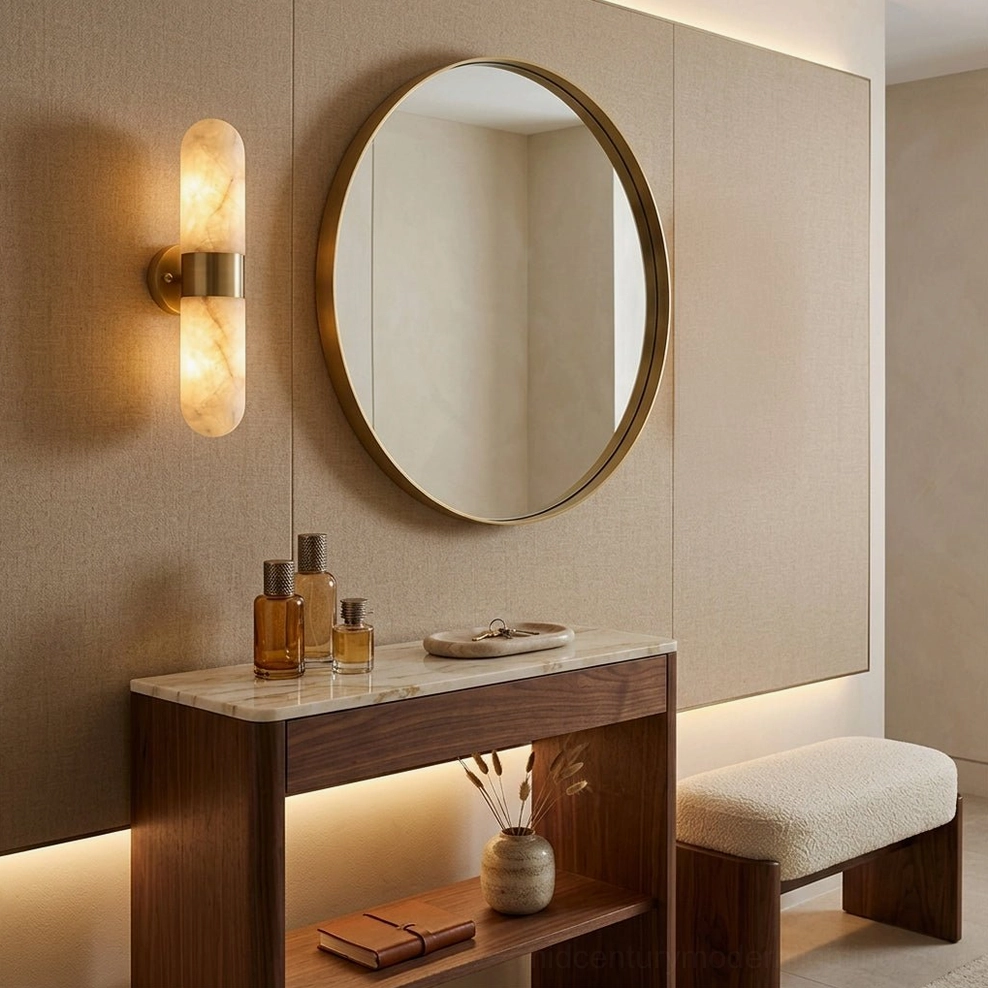 Single alabaster wall sconce mounted above modern wooden vanity bathroom, round mirror, warm lighting