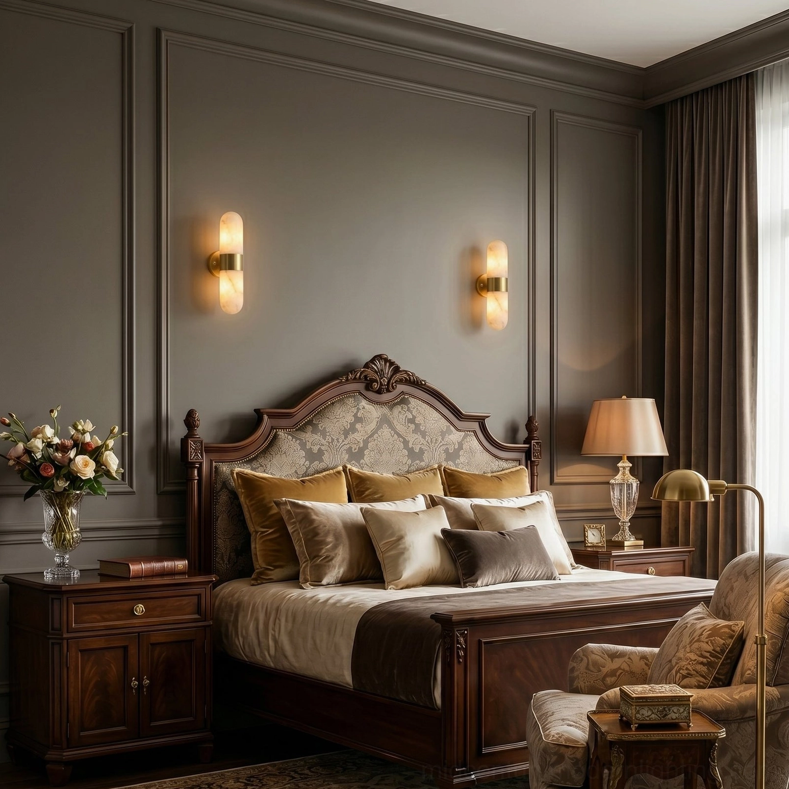Pair of alabaster and brass wall sconces flanking dark wooden headboard in traditional master bedroom