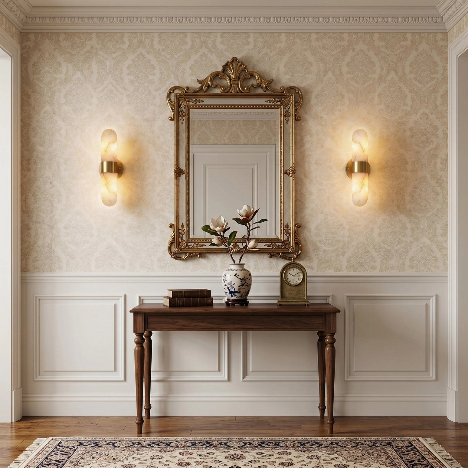 Pair of brushed brass and alabaster wall sconces in neoclassical foyer with wainscoting and ornate mirror