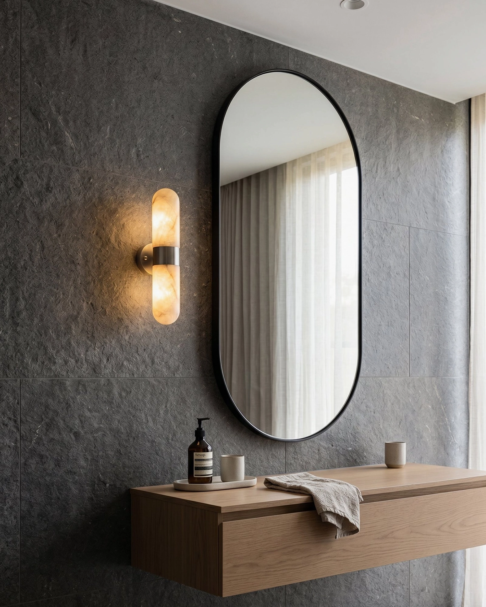 Calla alabaster wall sconce in dark modern bathroom with matte finish walls and floating wooden vanity