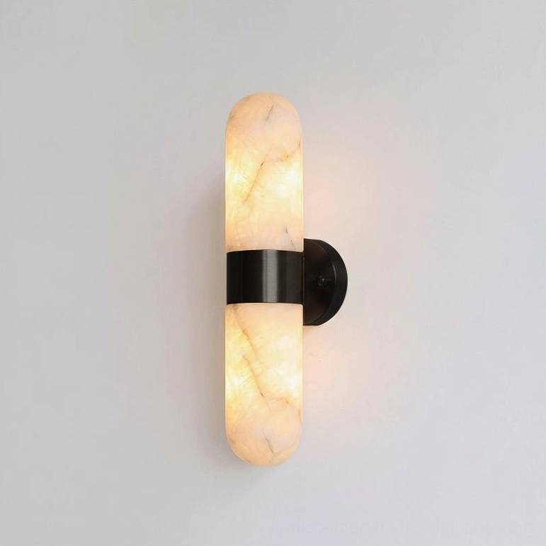 Tall Calla alabaster wall sconce, matte black metal band, 22 inches, modern architectural light