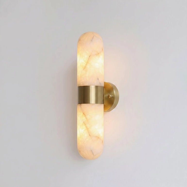 White alabaster and brushed brass Calla wall sconce, tall size 22 inches, detailed close-up view