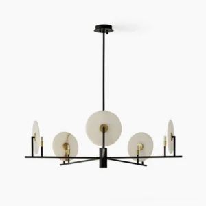 Callisto alabaster disc chandelier front view with matte black frame and brass accents on white background