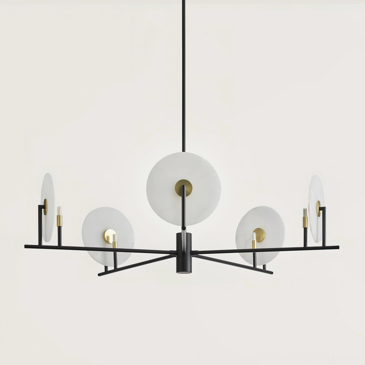 Full front view of Callisto alabaster disc chandelier with complete frame assembly on studio background