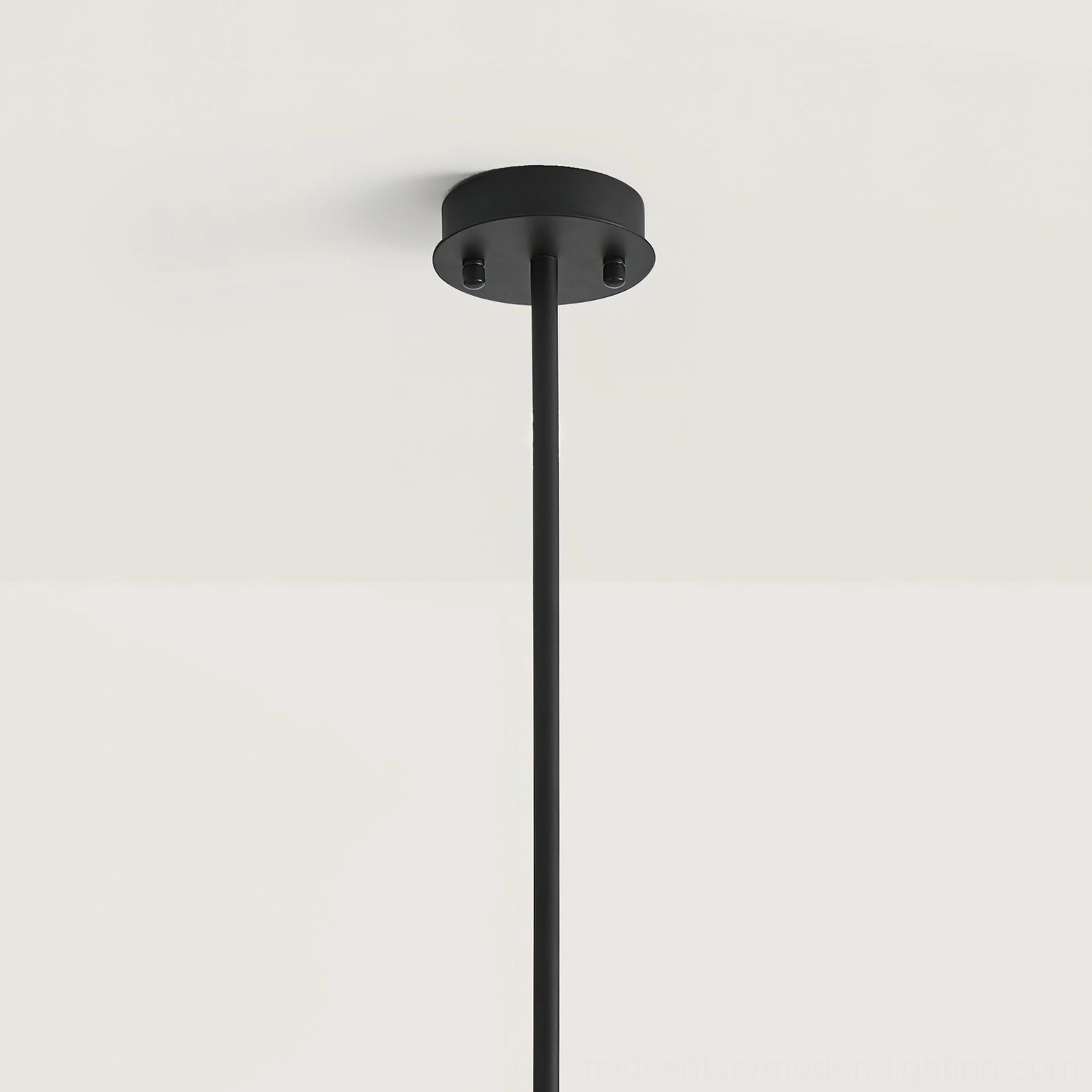 Side view of matte black finished metal frame and mounting hardware of alabaster chandelier