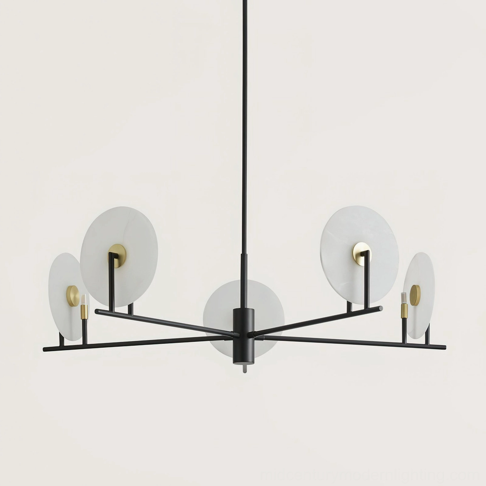 Overhead three-quarter view of symmetrical matte black Callisto chandelier frame design on white studio background