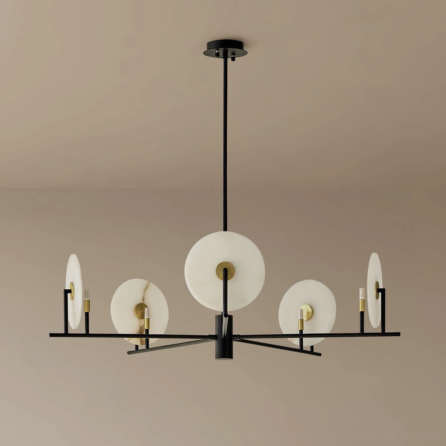 Three-quarter perspective of mid-century modern alabaster chandelier showing geometric disc arrangement and black metal frame