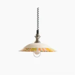Calypso striped saucer pendant light with colorful stripe trim and polished chrome neck, shown on pure white background