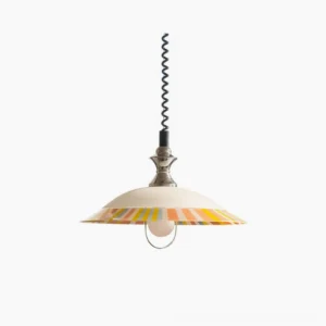 Calypso striped saucer pendant light with colorful stripe trim and polished chrome neck, shown on pure white background