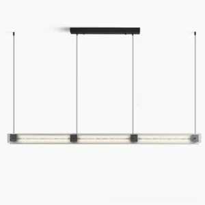 Camacho black linear LED chandelier front view on white background, minimalist modern pendant light design