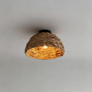 Cambria flush mount light side profile overhead view showing black metal ceiling mount and woven hyacinth dome diffuser