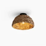 Cambria woven water hyacinth ceiling light close-up front view studio shot showing natural dome weave pattern and warm brown finish