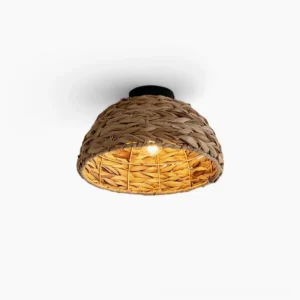 Cambria woven water hyacinth ceiling light close-up front view studio shot showing natural dome weave pattern and warm brown finish