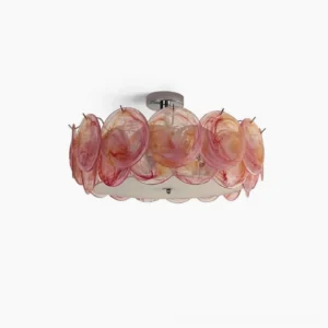 Camden sculptural glass ceiling light with layered petal design, frontal studio view showing pink marbled glass and chrome fixture