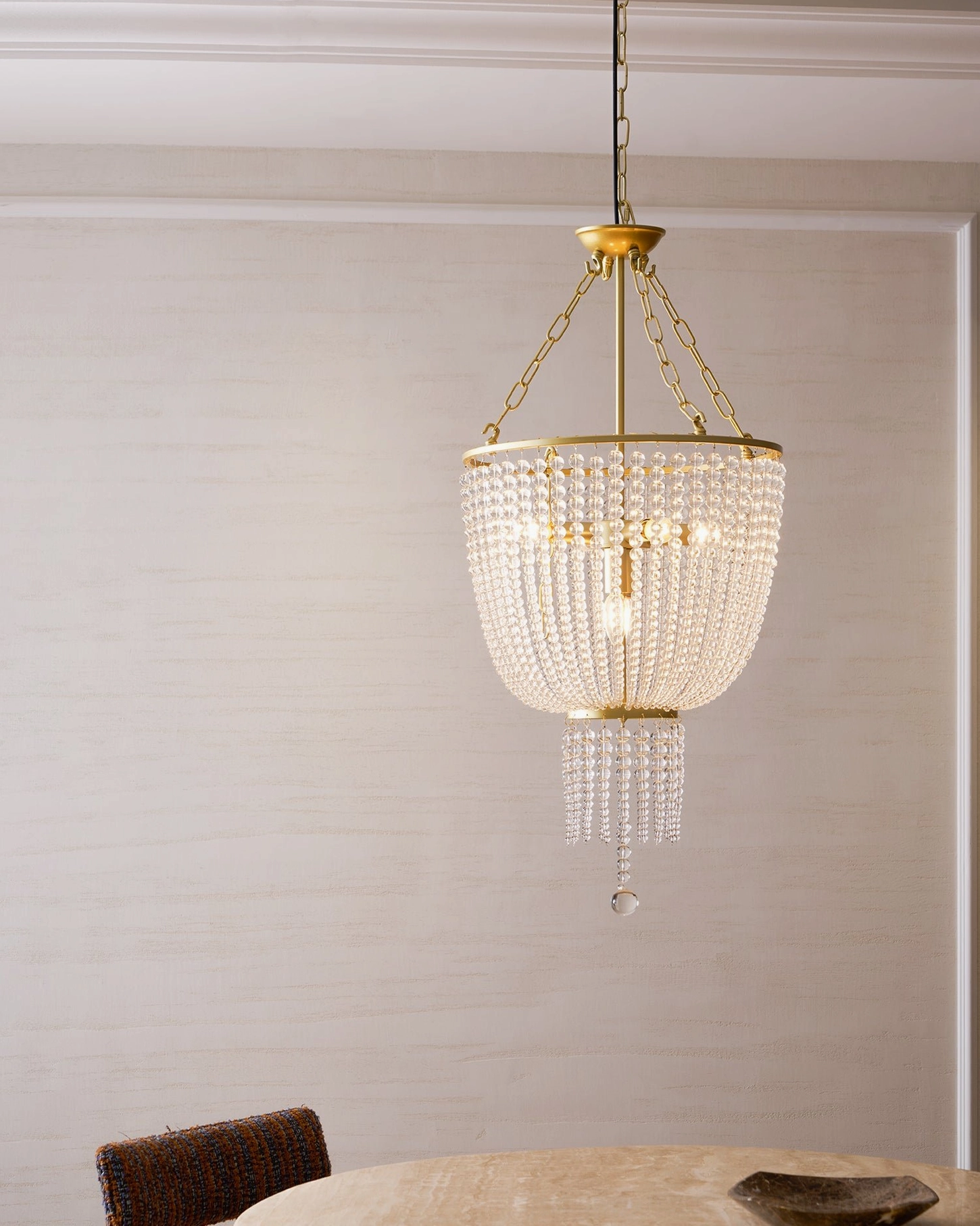 Campana brass crystal chandelier showing intricate design details and cascading bead arrangement