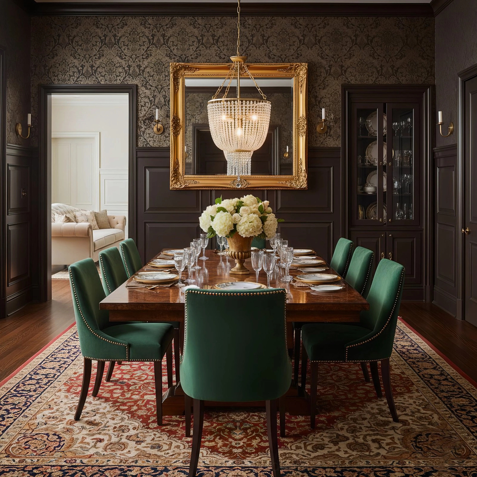 Traditional dark wood dining room with Campana crystal chandelier and green velvet seating, classic interior design