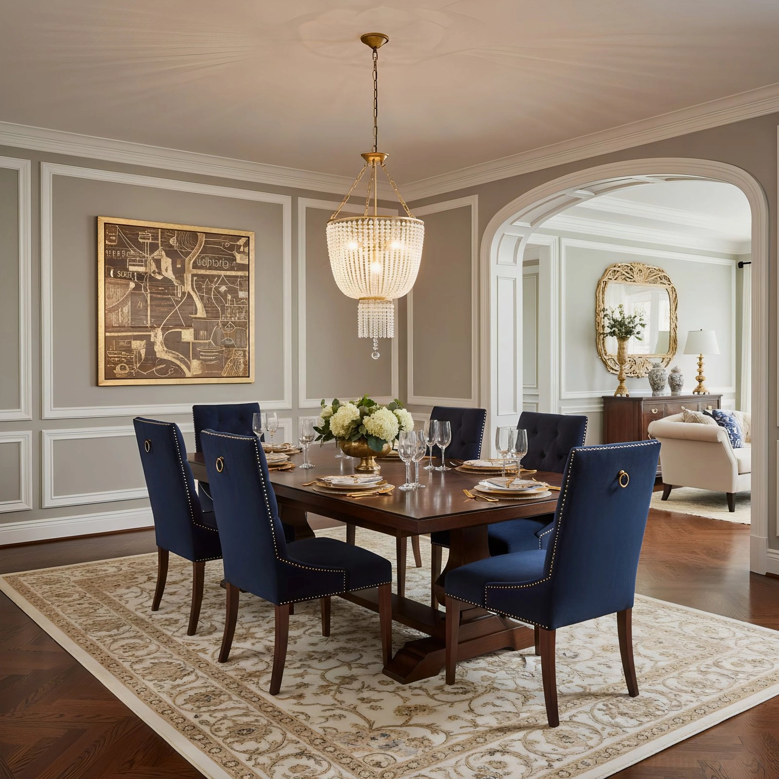 Formal dining room featuring Campana crystal chandelier over dining table with navy velvet chairs
