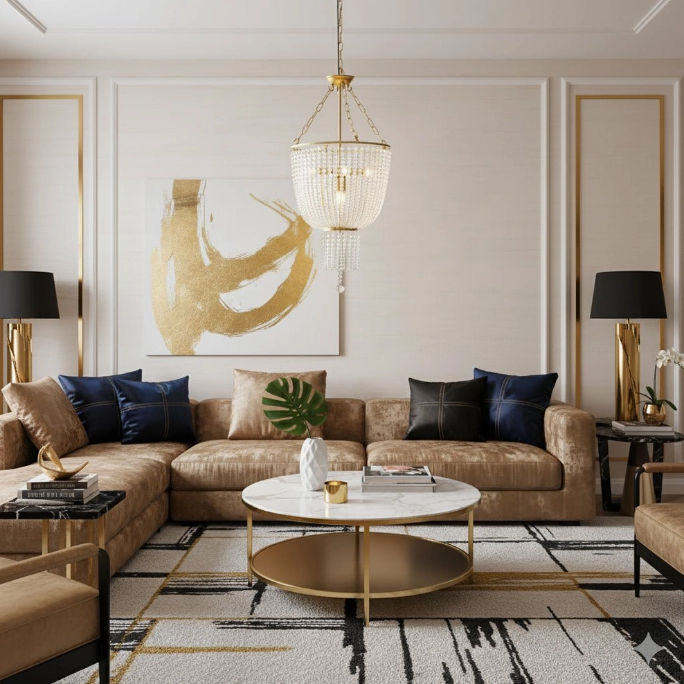Modern traditional living room with Campana gold chandelier, beige sectional sofa, and gold accent lighting