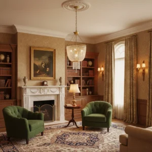 Campana gold brass crystal chandelier mounted on ceiling in formal living room, showing light refraction through crystal beads
