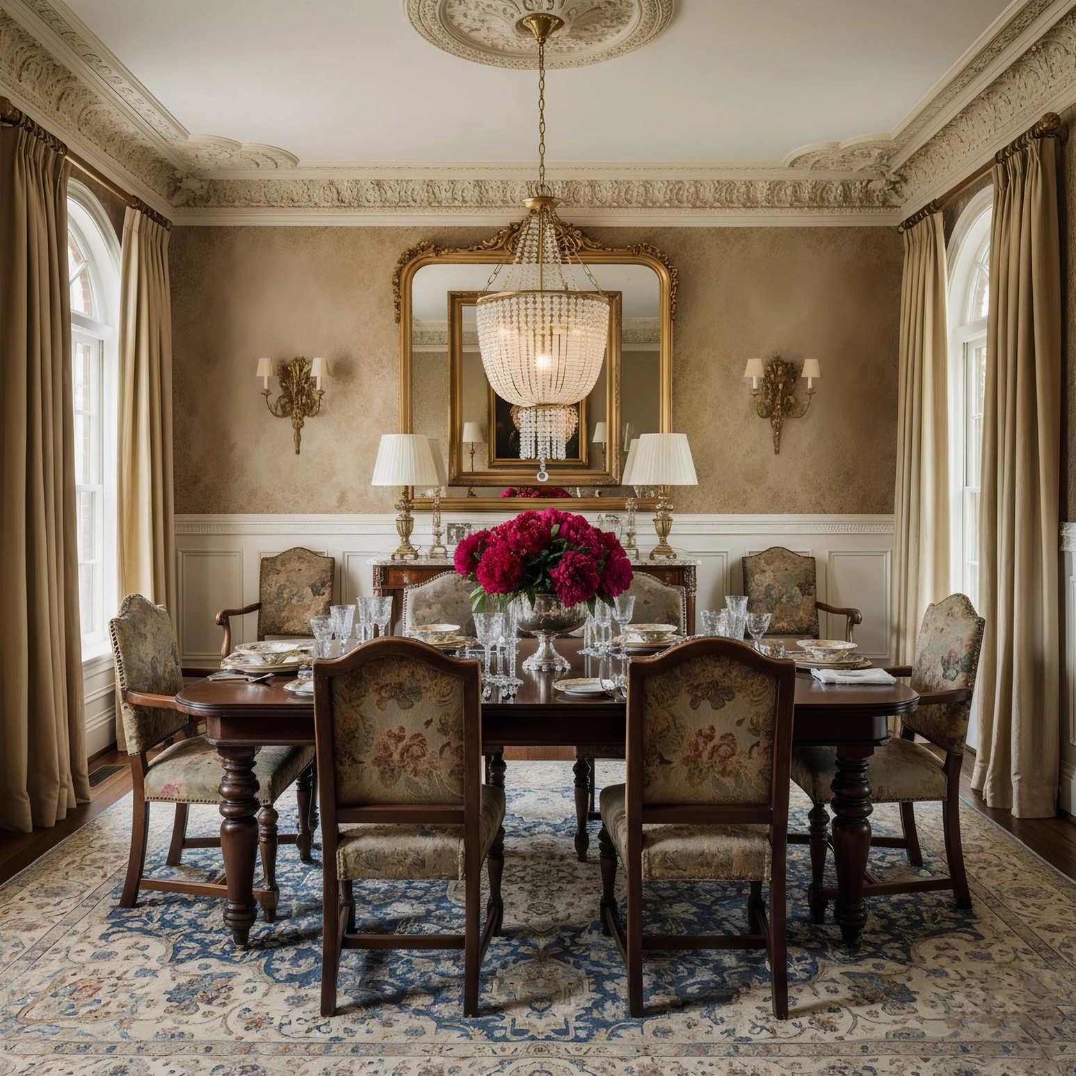 Classic formal dining space with Campana brass crystal chandelier, embroidered dining chairs and gold-framed mirror