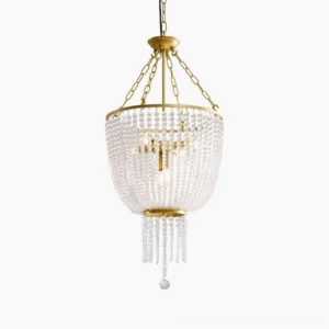 Campana crystal chandelier with tiered golden brass frame and cascading crystal beads, front view product shot