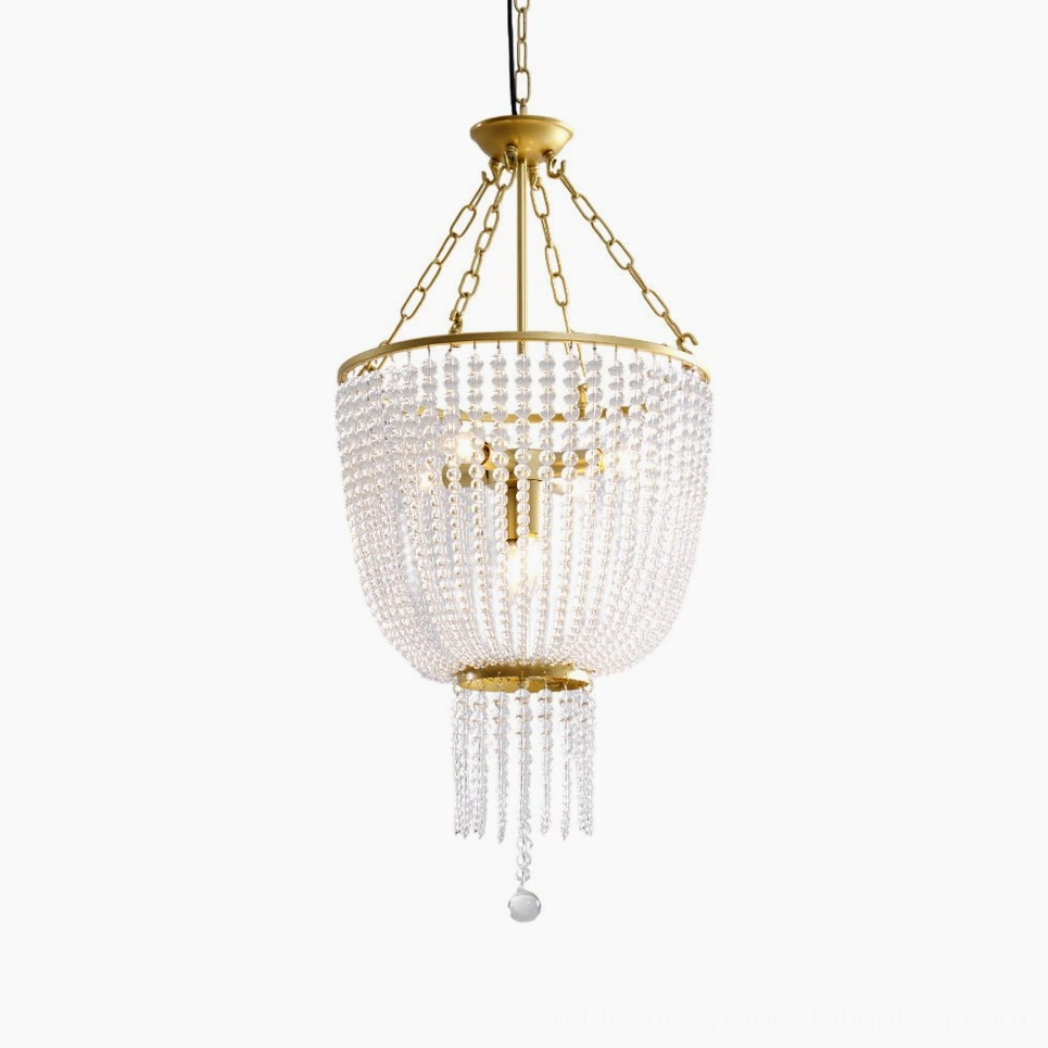Campana crystal chandelier with tiered golden brass frame and cascading crystal beads, front view product shot