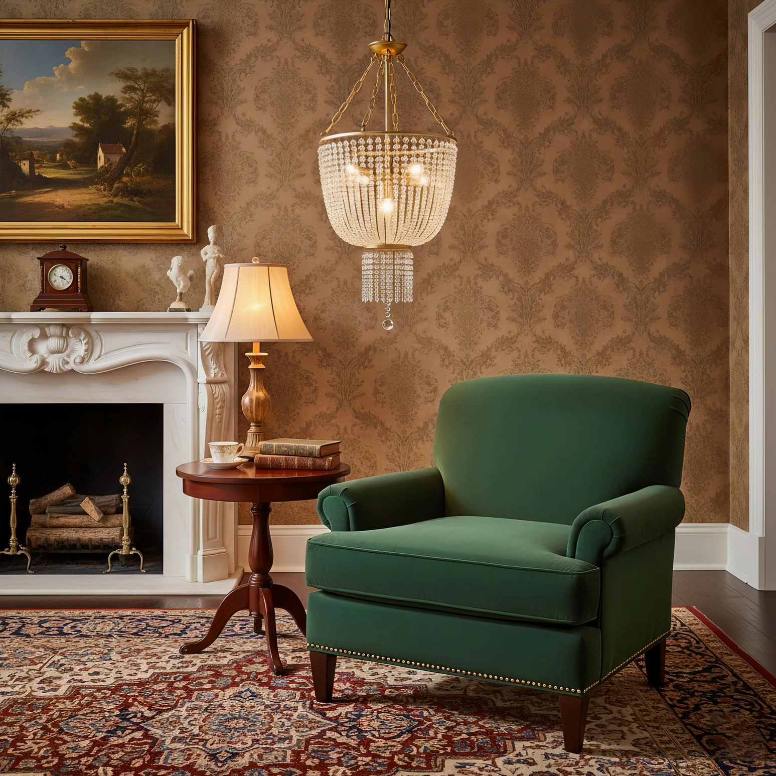 Hanging crystal brass chandelier in traditional sitting area, demonstrating elegant installation and ambient lighting