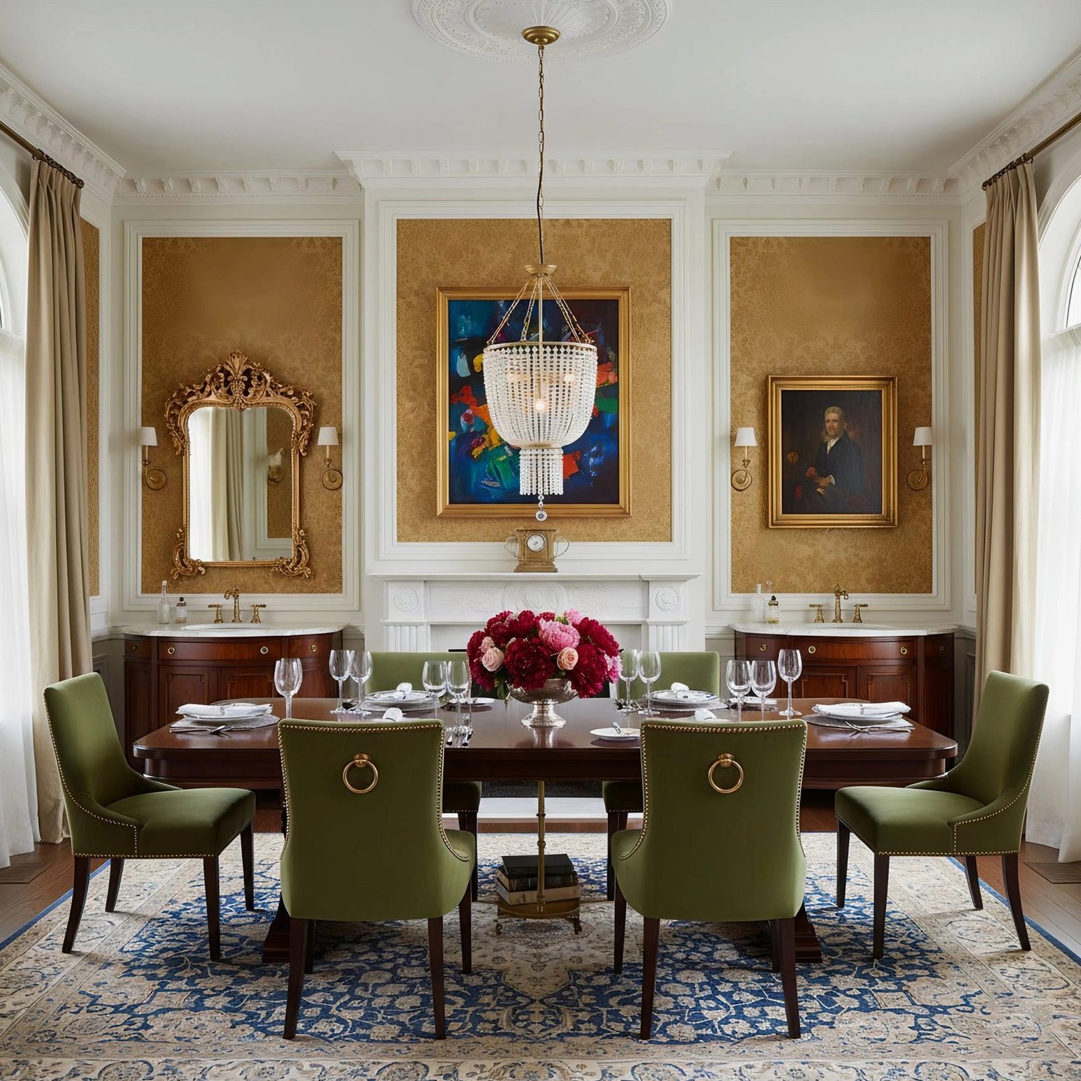 Neoclassical dining room with Campana gold chandelier and green velvet dining chairs, ornate mirror backdrop