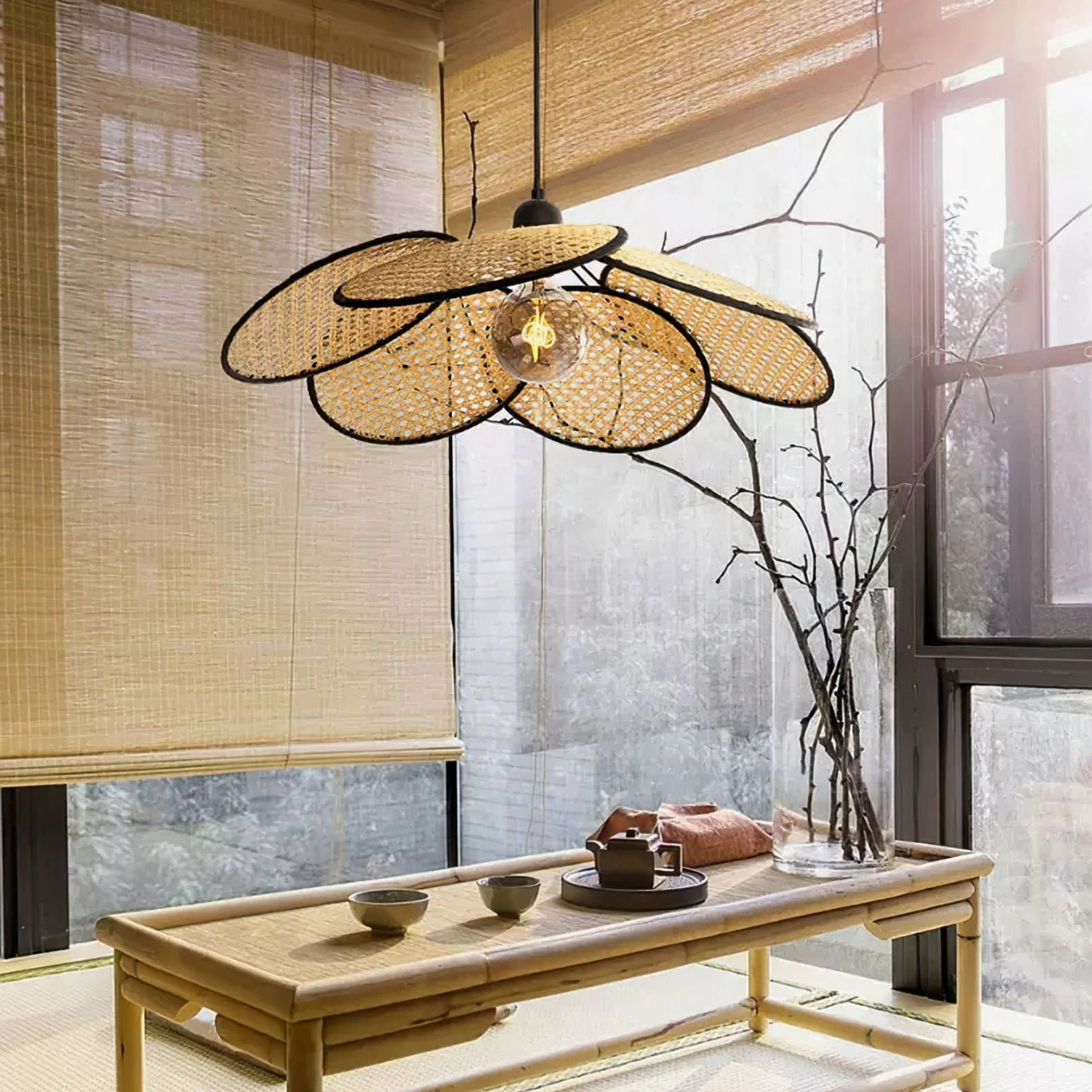 Woven rattan pendant lamp overhead view in Japandi tea room with low wooden table, bamboo blinds, and natural daylight creating warm glow
