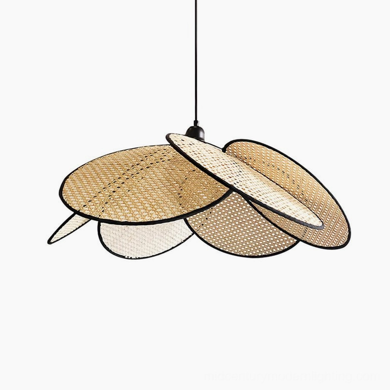 Woven rattan petal pendant lamp full view featuring layered petals with black border and minimalist boho design against white studio background