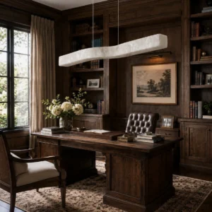 Camur alabaster pendant light illuminated in luxury home office with dark wood shelving and warm ambient lighting