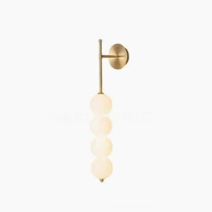 Candied Haws brass wall sconce with four frosted glass globes, minimalist design on white background