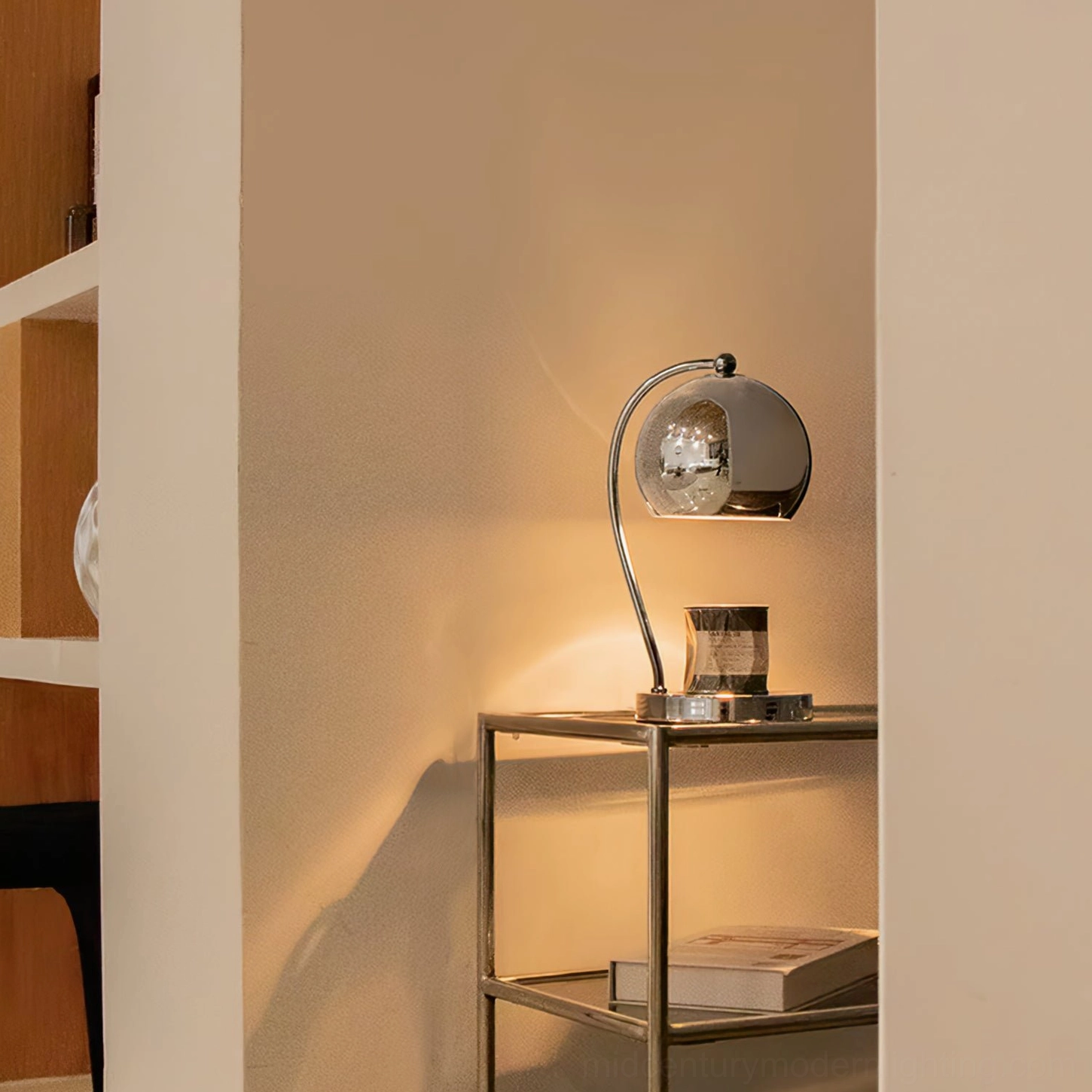 Chrome sphere lamp with metal base retro design mid-century modern aesthetic lighting