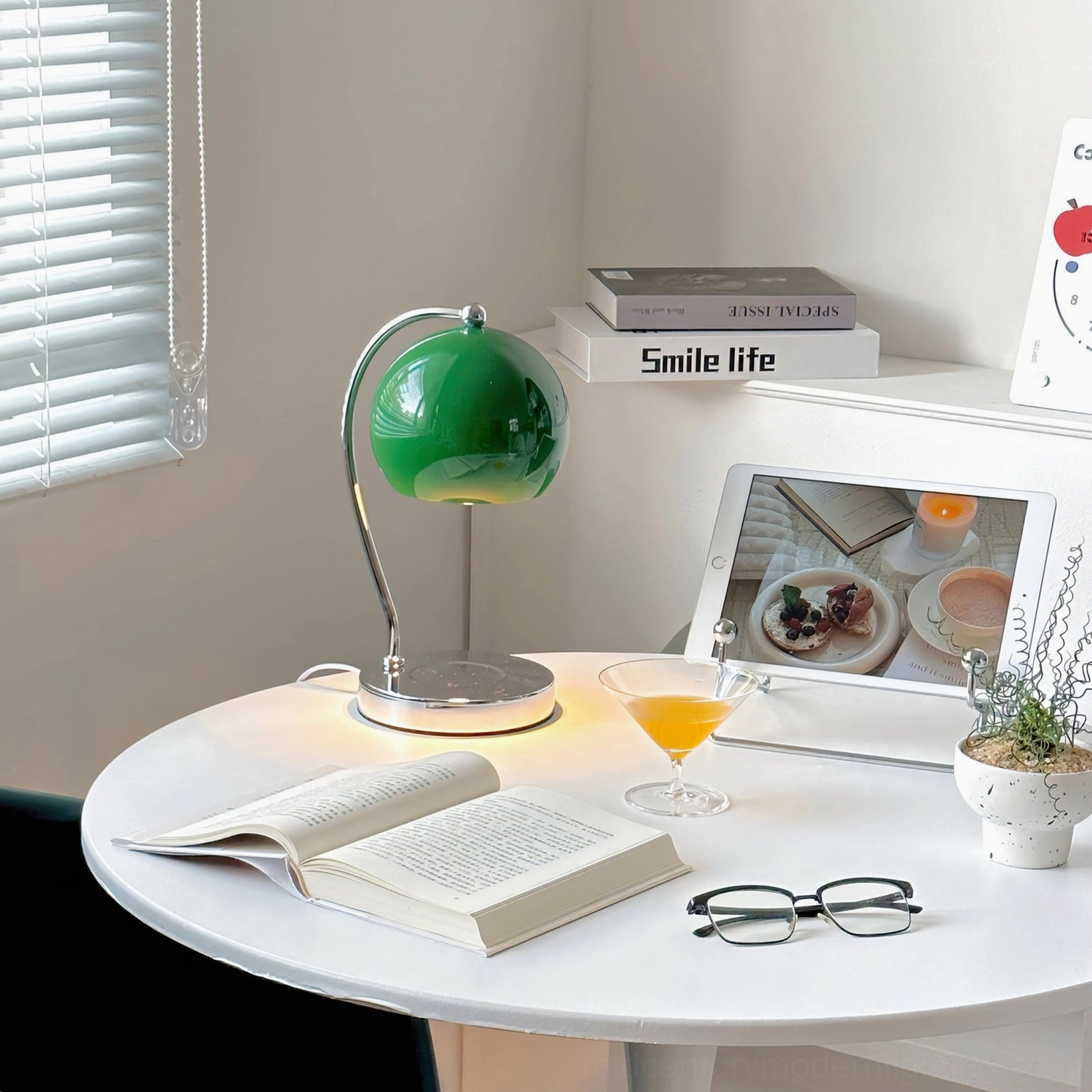 Retro sphere table lamp in reading corner with books and warm lighting ambiance home decor