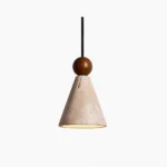 Canyon travertine pendant light with natural stone shade and walnut bead - front studio view