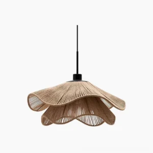 Capelina handwoven rattan pendant lamp with wavy flower-shaped woven shade and black metal frame, front overhead studio view