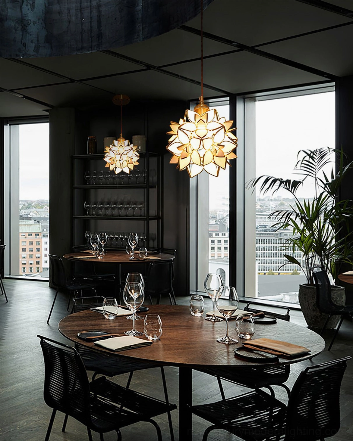 Illuminated Capiz pendant creating warm glowing ambient light in intimate residential space