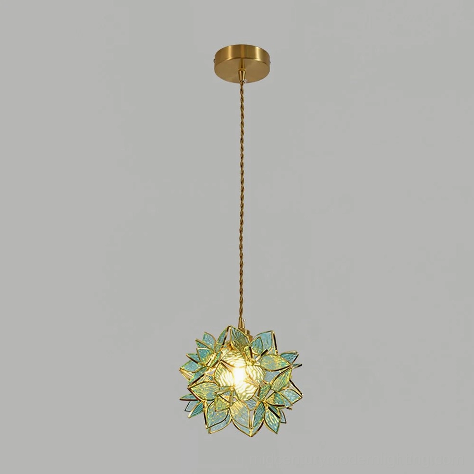 Capiz pendant with blue colored glass petals and gold brass finish studio product view
